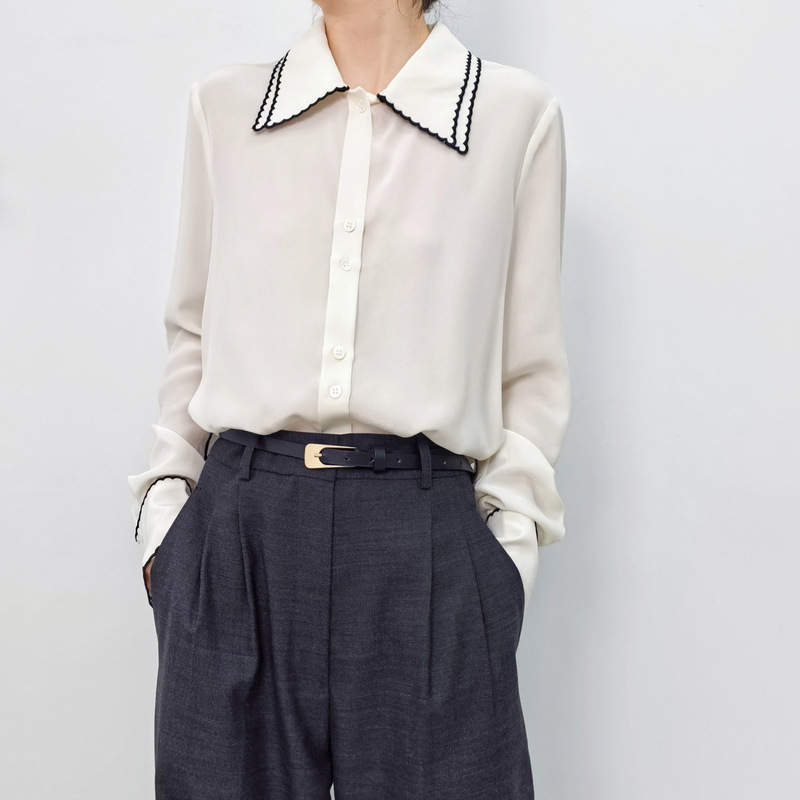 Special Offer: Commuter Ol Style Double-Layer Color-Block Embroidered Collar Long-Sleeve Silk Shirt for Women, Beige Button-Up Sand-Washed Mulberry Silk Blouse