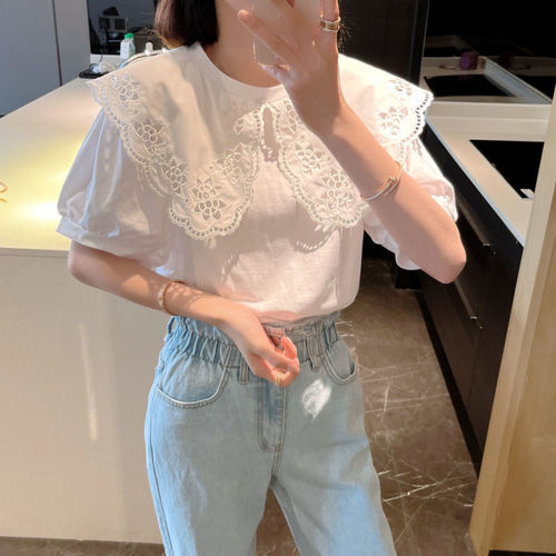 Summer 2025 South Korea Dongda Embroidered Lotus Flower Baby Collar Ins Style Fashion Short Sleeve Blouse