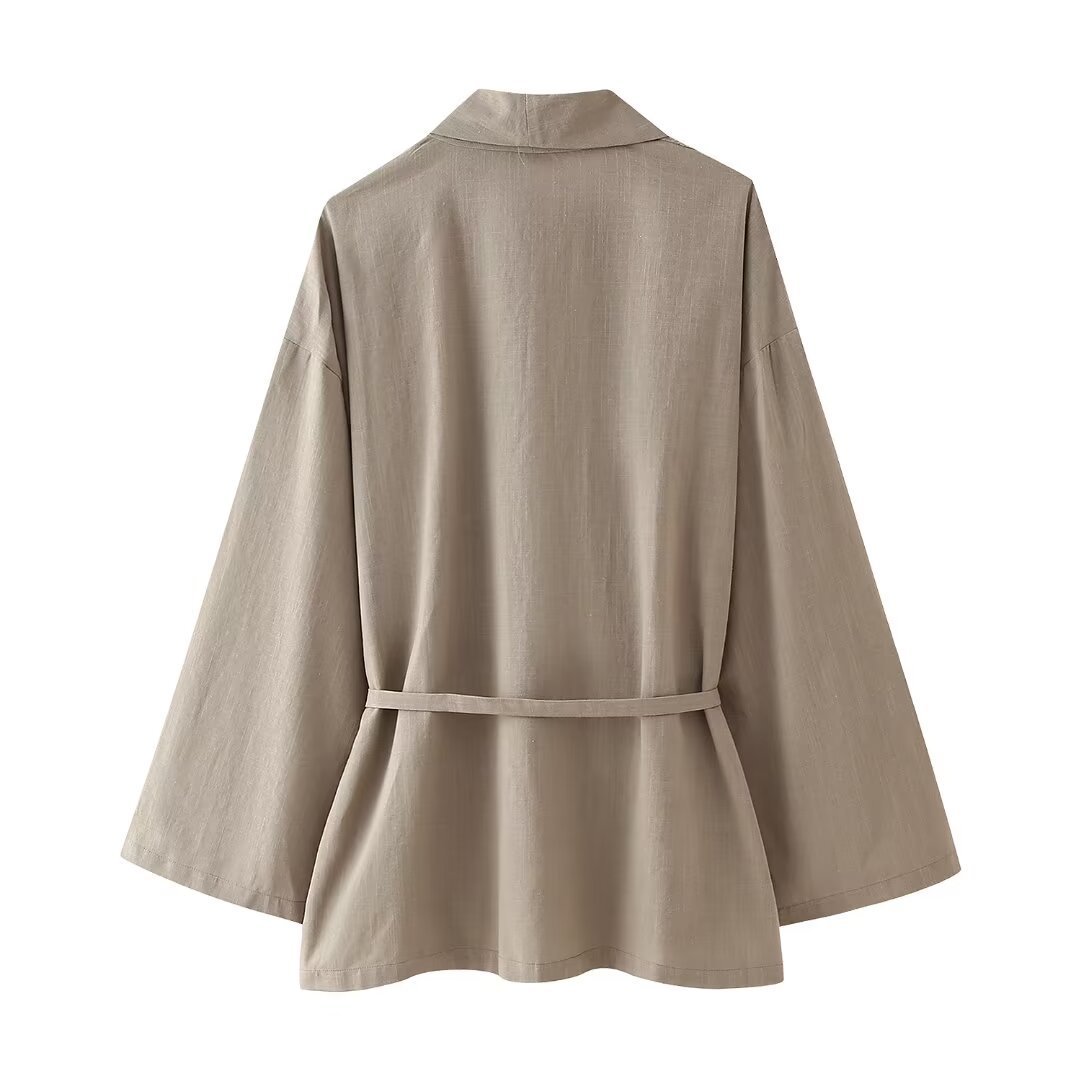 Roupas femininas verão 2024 novo estilo quimono texturizado trespassado conjunto de calças_voghion.com