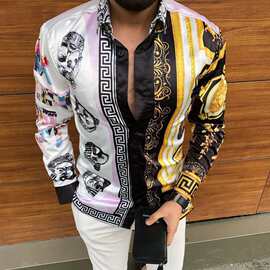 跨境新款翻领3D印花休闲修身型长袖衬衫春秋季多色大码男装上衣