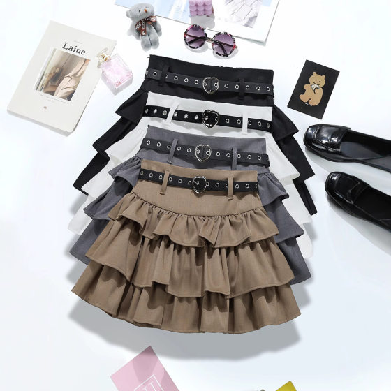 Maillard Love Belt Puffy Skirt Design Sense High Waist Pleated Layer-by-Layer Cake Skirt Sweet All-Match Short Skirt 9427