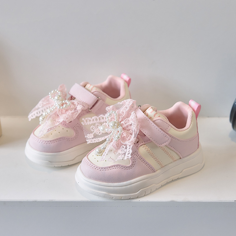 子供用ベルクロロートップ女の子用リボンスニーカー2025秋の新作カジュアルシューズ小中型子供用白靴|undefined