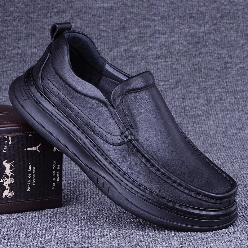 Мужские повседневные туфли из натуральной кожи с верхним слоем из воловьей кожи, однотонной толстой подошвой, нескользящие, свободного кроя, кожаные туфли без шнуровки с прошивкой.