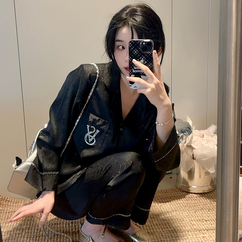 睡衣女冰丝秋冬新款长袖长裤提花纯色高级可外穿新款家居服套装|undefined