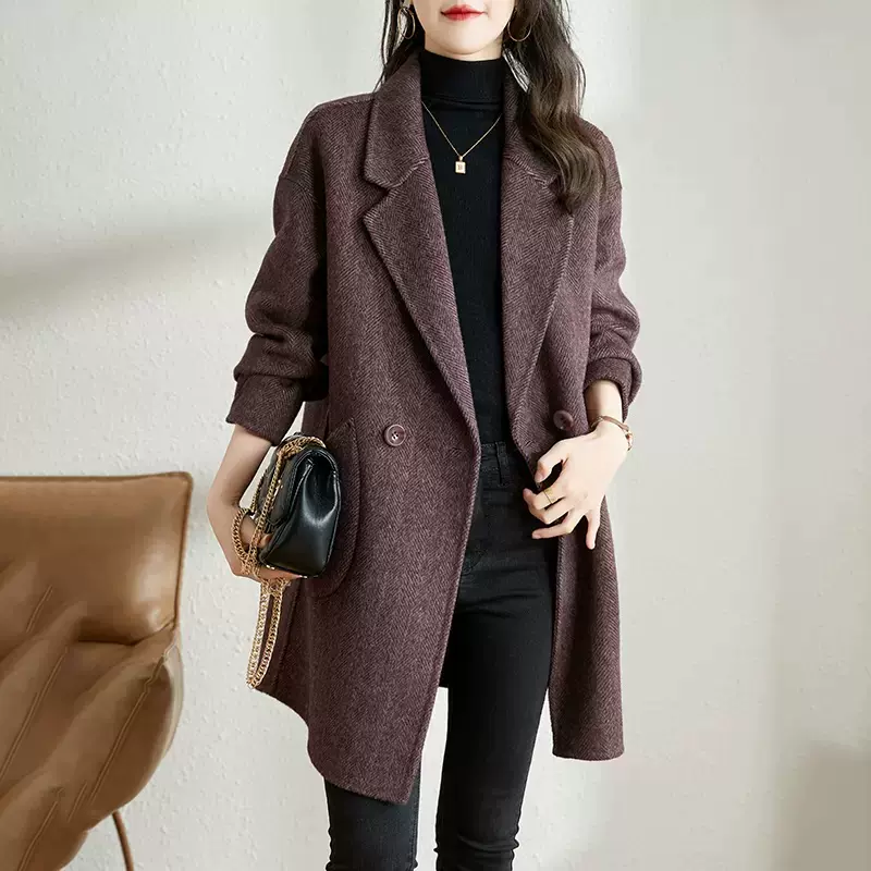 紫伊莱毛呢外套女2022秋冬新款韩版气质加厚中长款人字纹呢子大衣