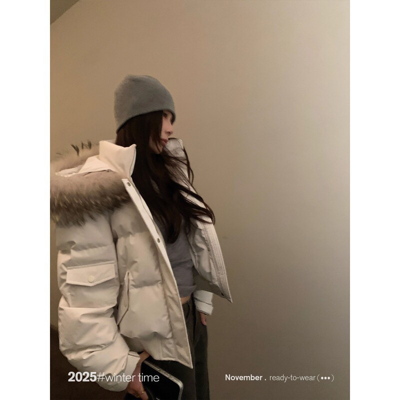 Sunoneone Snowy Mountain Fur Collar Short Parka down Jacket for Women Winter Thickened Coat