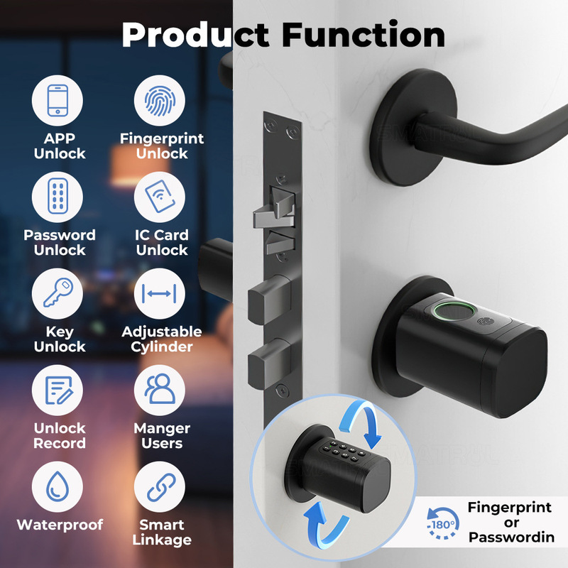 Bluetooth 付きスマート ドア ロック、分解不要の指紋ロック シリンダー、パスワード、スワイプ カードでロック解除、Tuya スマート ヨーロピアン ドア ロック|undefined