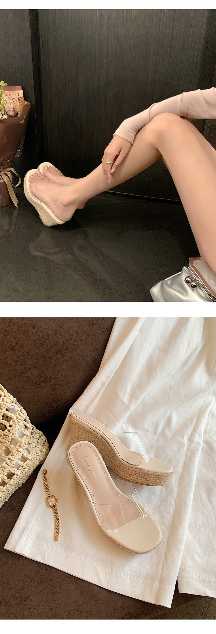 Sandal cao gót nữ đính đá quai ngang mũi hở đế xuồng cao gót 9 cm — Mặt đính đá trắng kem, Mặt trơn trắng kem chi tiết 20