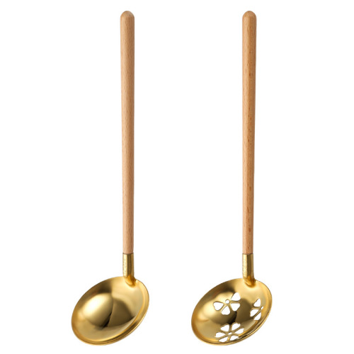 Factory direct supply golden 304 stainless steel hot pot spoon Japanese style wooden handle creative flower colander small soup shell cooking spoon