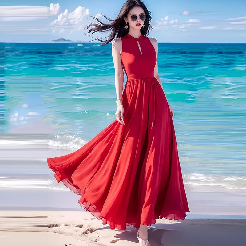 Dopamine Summer New Chiffon Dress with Elegant and High-End Red Slimming Beach Skirt with Large Hem and Long Skirt