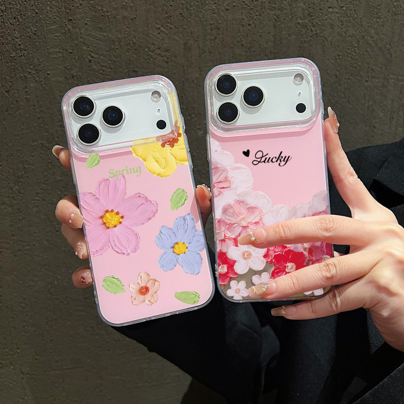 Japanese and Korean Popular Oil Painting Blueberry Flower Suitable for Apple 17Promax Mobile Phone Case Cute 12 Pleated Pink Flower 11