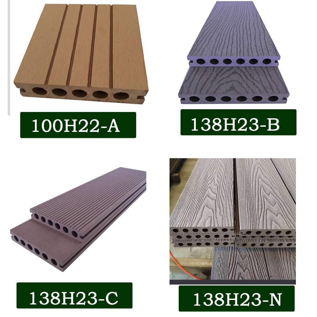 En stock Piso de madera y plástico 138*23 imitación madera grano compuesto piso hueco agujero redondo placa jardín ingeniería municipal al aire libre