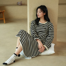 睡裙纯棉女士全棉春秋长裙带胸垫大码高级感条纹外穿秋冬长袖睡衣