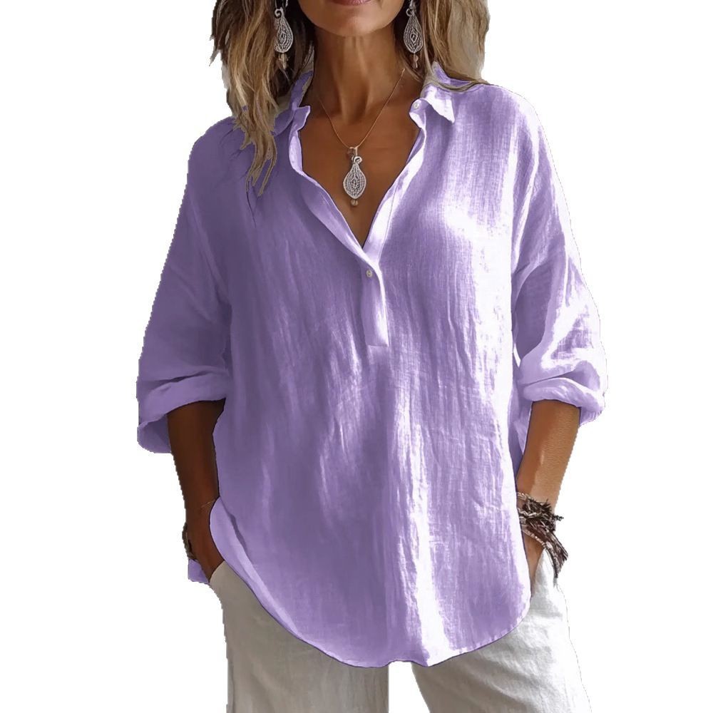 Blusa traspirante in cotone e lino con scollo a V - Top tunica a maniche lunghe dalla vestibilità comoda per donna, colori tenui e tinta unita_voghion.com