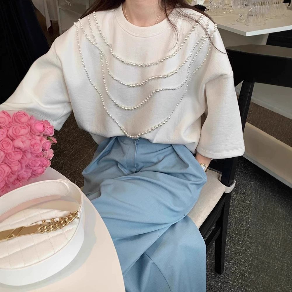 Корейская футболка с короткими рукавами и бисером, новинка лета, свободный повседневный универсальный топ во французском стиле