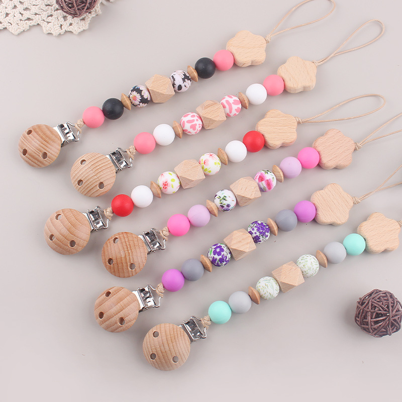 Nueva cadena de chupete de flor de haya de cuentas de silicona de transferencia de agua para bebés cadena de chupete de silicona de haya calmante cadena anti-caída