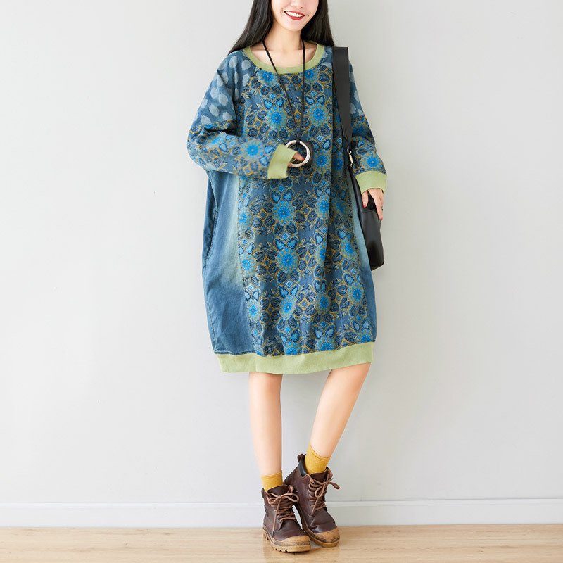 Suéter de cuello redondo con costuras artísticas, largo medio, hombros caídos, abrigo, vestido coreano holgado