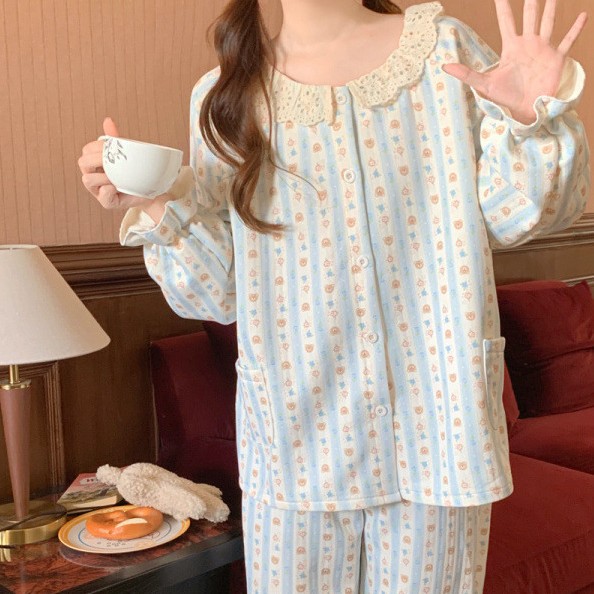 韩国ins女士新品韩版加厚夹棉 冬日元气少女花边家居服睡衣套装