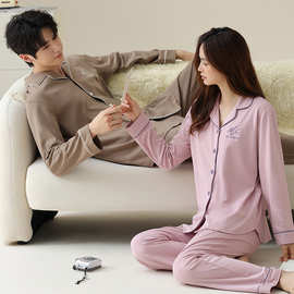 纯棉情侣睡衣秋冬季长袖纯色简约开衫居家服春秋天男女士全棉睡衣