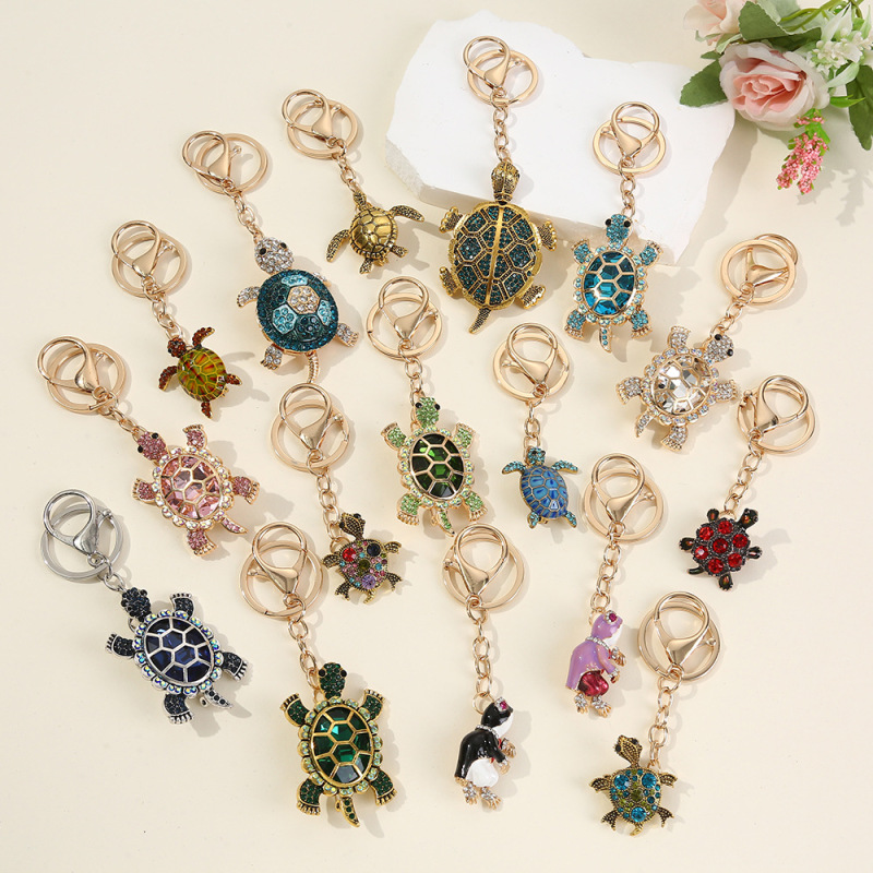 Cross-Border Cartoon Cute Little Turtle Car Keychain Female Alloy Rhinestone Animal Keychain Car Luggage Pendant