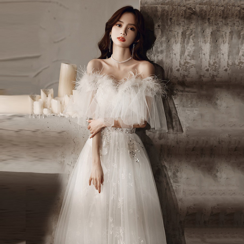 White Feather Evening Dress for Women, High-End, Light Luxury, Niche, High-End Birthday Wedding Dress, Off-Shoulder, Autumn Graduation White Feather Evening Dress for Women, High-End, Light Luxury, Niche, High-End Birthday Wedding Dress, Off-Shoulder, Autumn Graduation