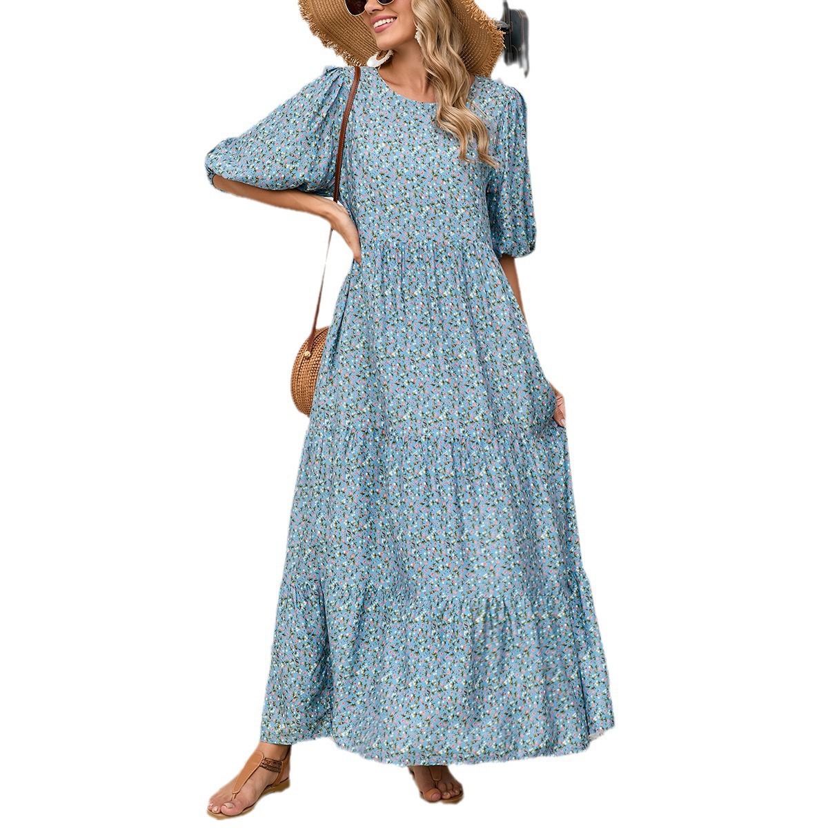 European And American Cross-border Foreign Trade Middle Eastern Robe, Loose-fitting Round-neck Mid-sleeve Dress,_ecoleips.com