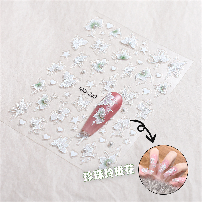 Red neta perla exquisita flor pegatinas de uñas diamante de cristal blanco mariposa pintada a mano pegatinas de uñas en relieve tridimensional con pegamento trasero