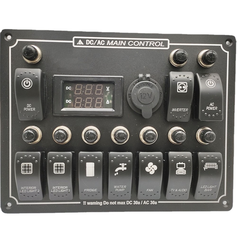 房车船驾驶舱改装防水10位开关组合面板 5Pin脚开关 ON-OFF双蓝灯