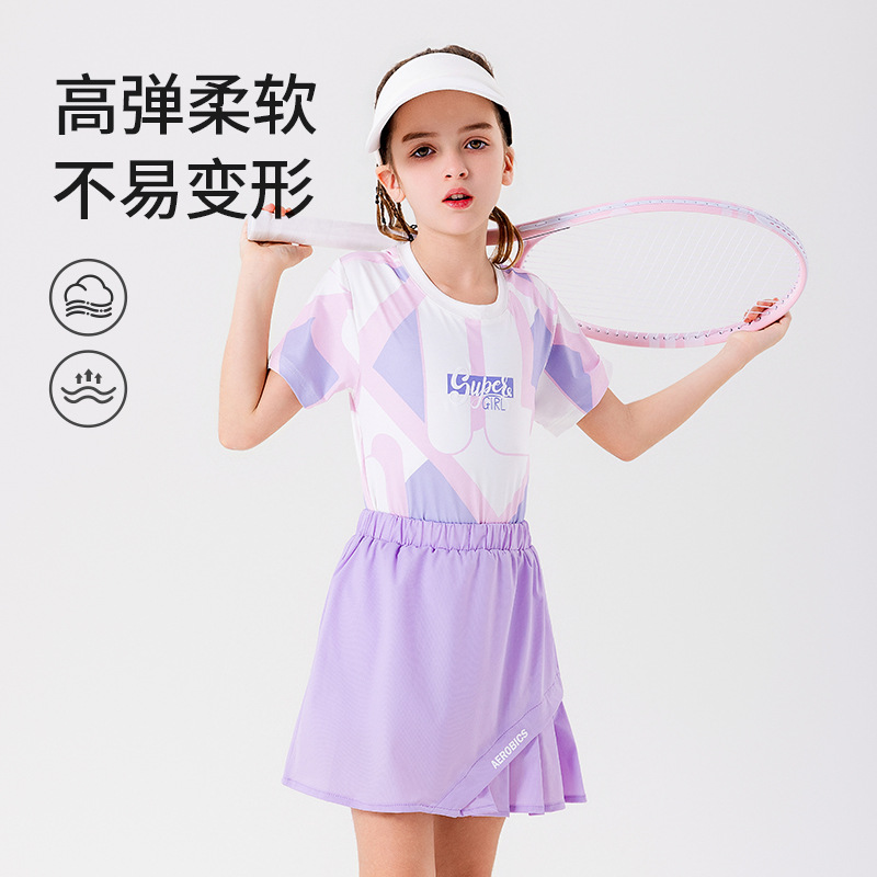 Foreign trade wholesale performance girls' sports high elastic quick-drying top summer medium and big children's casual sports T-shirt geometric print