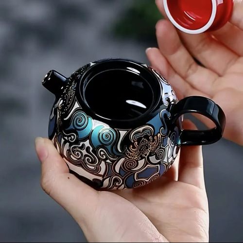 Gold and Silver Inlay Carving Color-Contrasting Taotie Tea Pot Small Size Gongfu Tea Pot Chinese Ceramic Tea Set Home Use Single Teapot