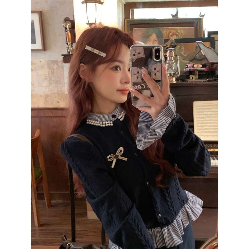 学院风小众假两件蝴蝶结长袖毛衣女装秋季宽松显瘦短款针织衫上衣|undefined