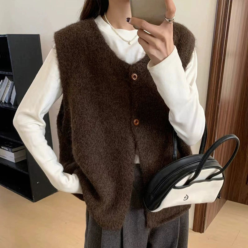 2025新款韩版两粒扣无袖针织马甲女宽松显瘦休闲简约百搭叠穿上衣|undefined