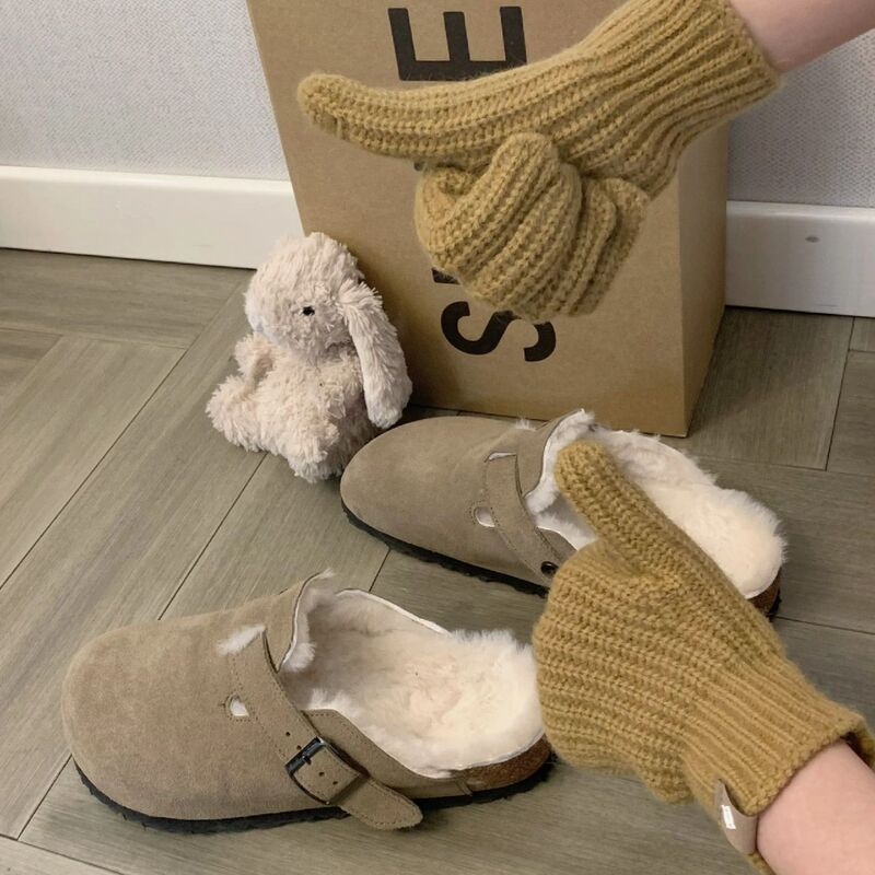 Women's Genuine Leather Closed-Toe Thick-Soled Birkenstock Shoes, Thickened Fleece Warm Birkenstock Slippers, Furry Shoes, Snow Boots, Cotton Shoes