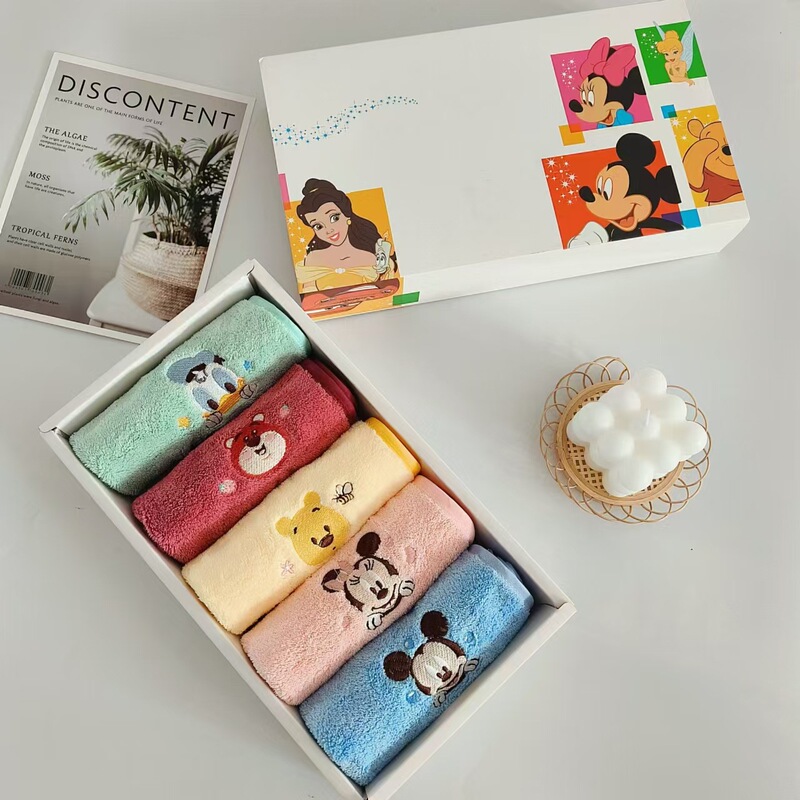 Disney Ni Towel Coral Velvet Kidsren's Face Washcloth Cute Embroider Soft Absorbent Quick-Drying Hanging Towel Gift Box