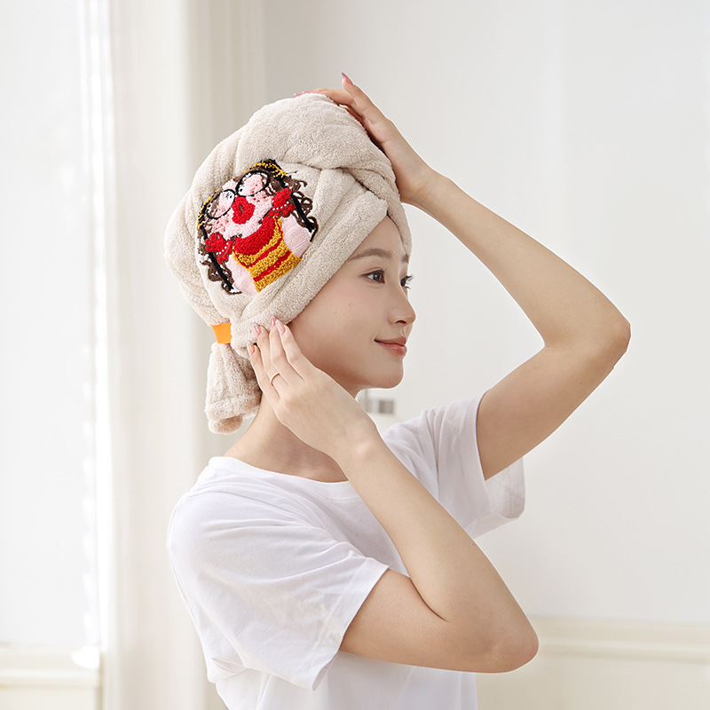 女性用のかわいい刺繍入りヘアドライキャップ、吸水性、速乾性、ヘアドライタオル、厚みのあるコーラルベルベットの漫画ターバン、シャワーキャップ|undefined