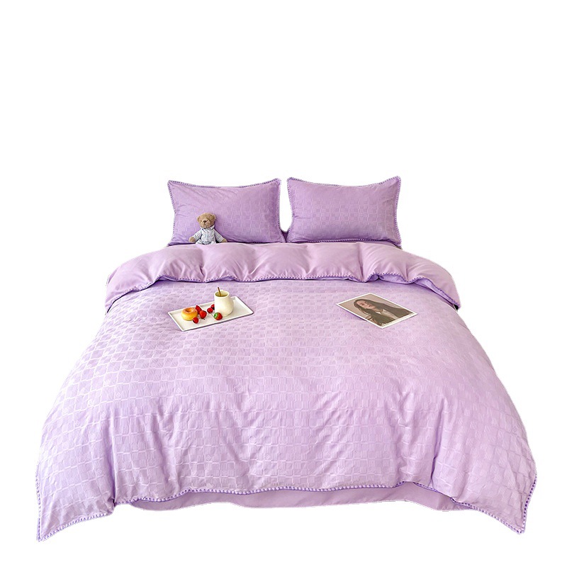 夏季新款欧式简约立体提花华夫格纯色四件套勾边工艺被套床单批发