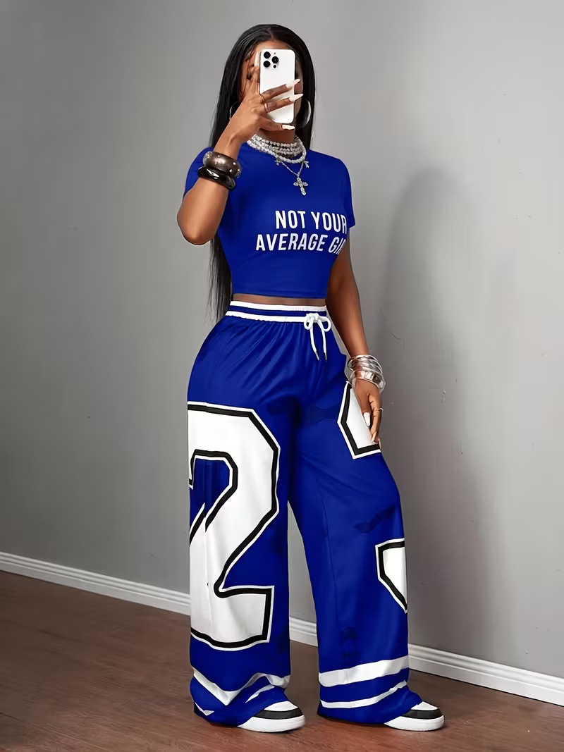 Y2K Women's Two Piece Set Style Digital Print Short T-Shirt Wide Leg Trousers Spring Summer Sexy_ecoleips.com