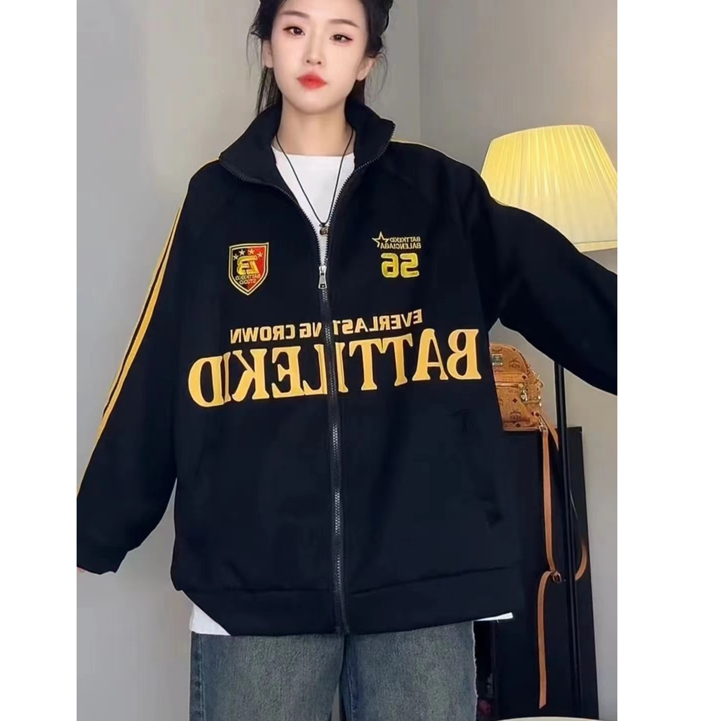American retro badge zip-up striped cardigan jacket, unisex spring and autumn new sporty loose couple jacket