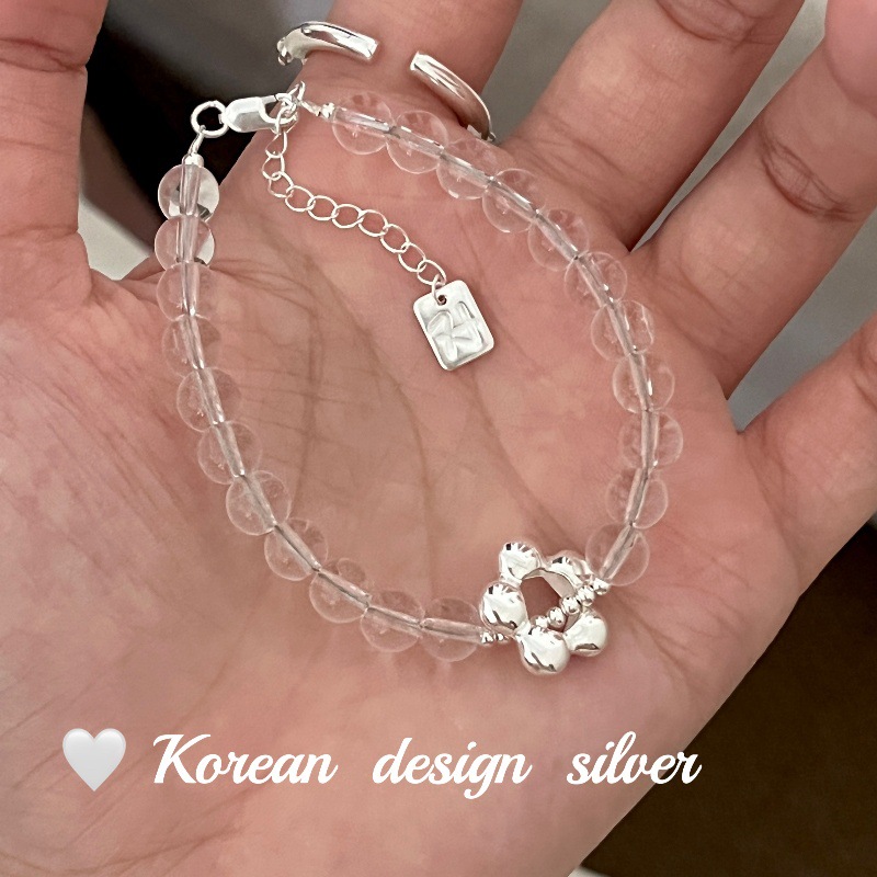 韓國小眾設計手工 S925純銀白水晶圓珠小花手鍊 高級Ins風手飾品
