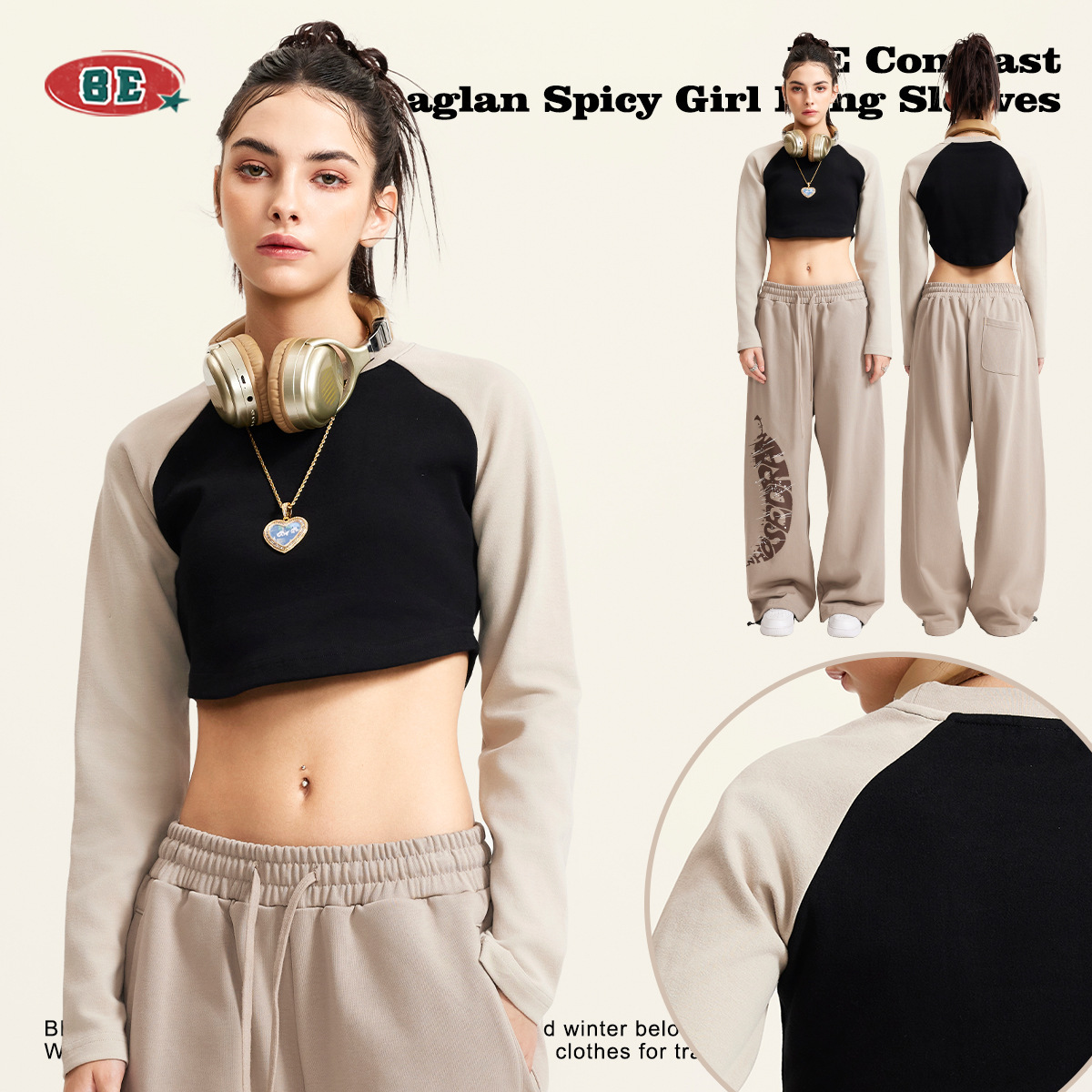 Camiseta corta de otoño para mujer BE, manga raglán de algodón picante, estilo dulce y fresco, camiseta de manga larga estilo BM recortada, marca de moda, sexy. image 5