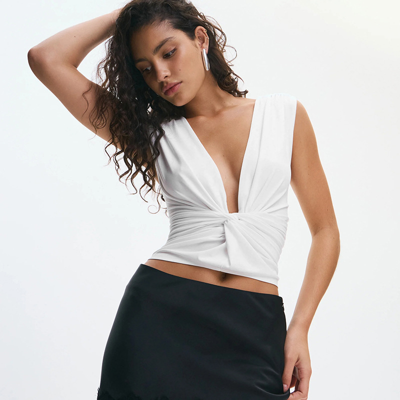 Women's V Neck Pullover Top Spring Summer Solid Color Ruched Knot Waist Cinching New Fashion_ecoleips.com