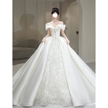 一字肩缎面主婚纱礼服新娘2025新款法式重工高级质感孕妇轻奢拖尾