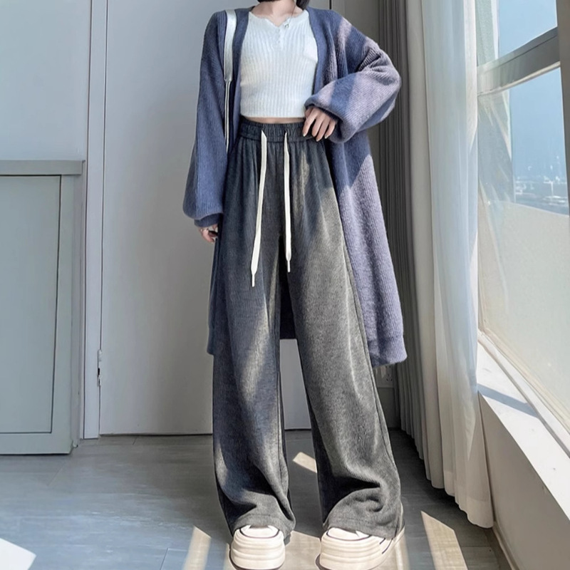 Spring Women's Fine Striped Brushed Knit Pants, Lazy Style, Casual Waxy Pants, Easy Brushed Straight Leg