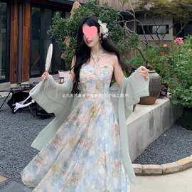法式雪纺碎花吊带连衣裙仙女夏季超仙气收腰初恋海边度假沙滩裙子