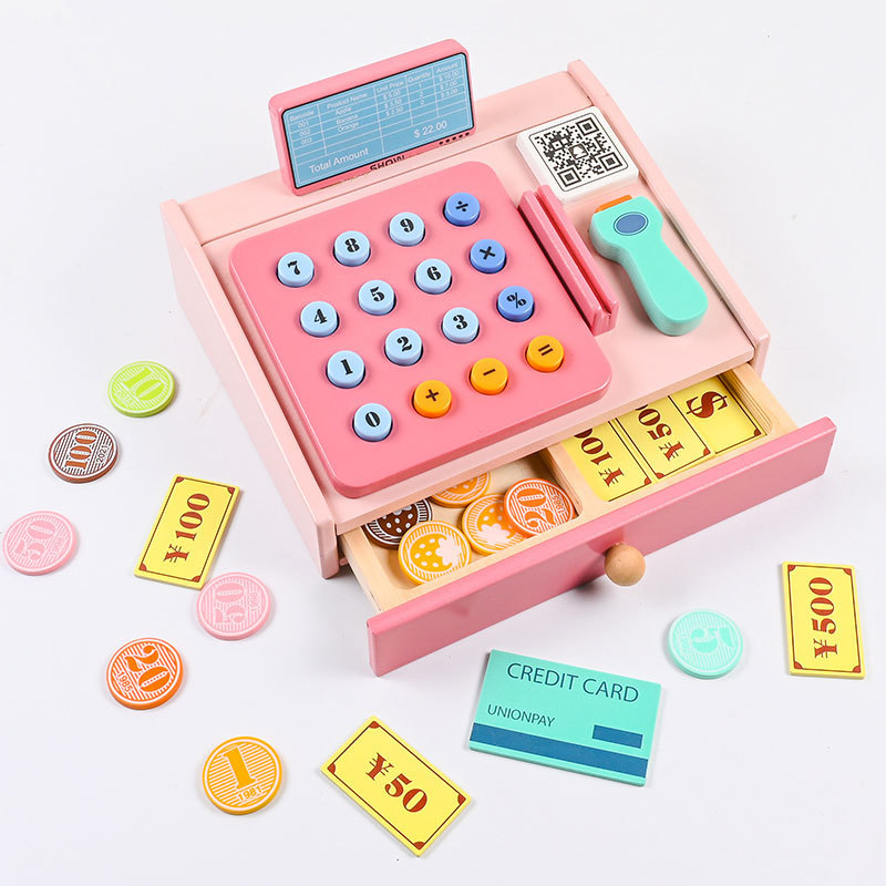 De madera de los nuevos niños simulación de la caja registradora juego de rol supermercado escaneo tarjeta cepilladora jugar casa juguetes interactivos