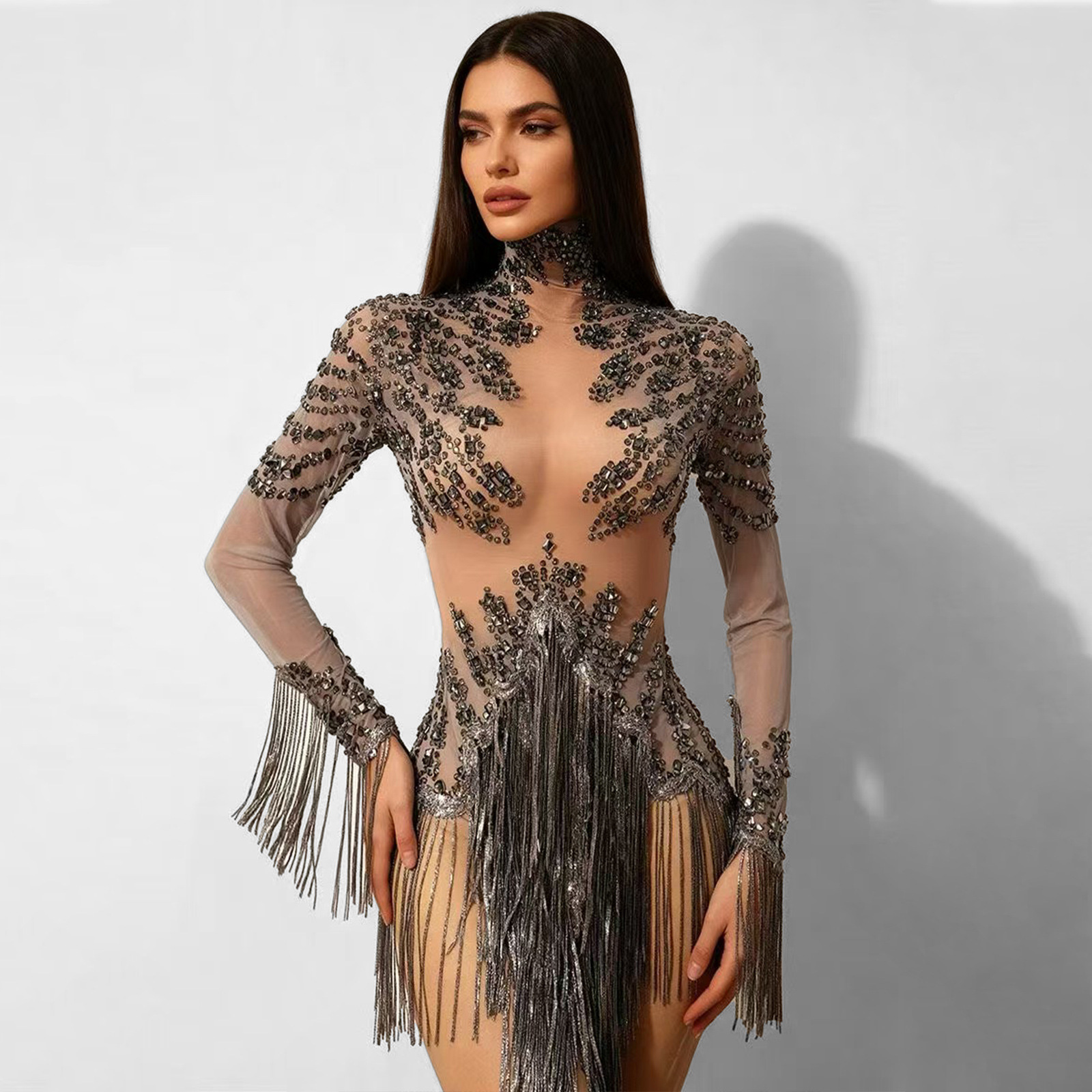 Amazon Cross-Border Sexy See-Through Tassel Rhinestone Mesh Stretch Birthday Party Dress Performance Outfit Model Latin
