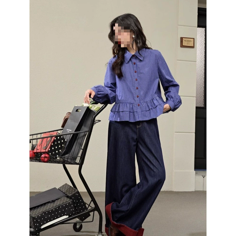 YS8miu синяя клетчатая рубашка для женщин 2025 весна новая рубашка с рюшами и длинными рукавами топ короткий осень