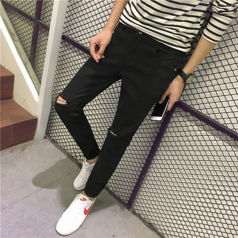 Quan zhilong mismo Vaqueros rodilla ripped flaco negro apretado pantalones de verano nuevos hombres moda pelo generación