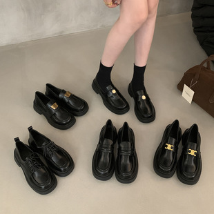 Black JK Small Leather Shoes Women's British 2024 Autumn New French Style Retro Dress Thick Heeled Shoes Thick Sole Loafers