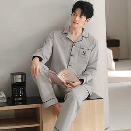 【L-4XL】春秋莫代尔男士长袖长裤开衫翻领睡衣印花休闲男家居服
